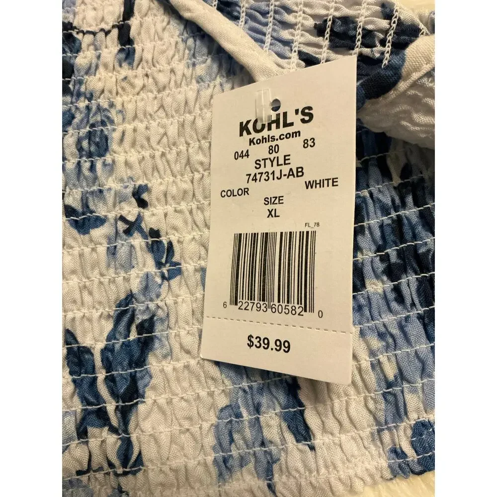 NWT Fifteen Twelve Blue White Floral Smocked Crop Tank Top Junior's Size XL